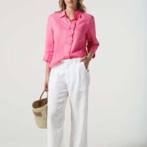 Goondiwindi Cotton - Island Linen 3/4 Sleeve Frill Shirt - Pink Cosmo