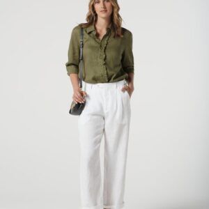 Goondiwindi Cotton - Island Linen 3/4 Sleeve Frill Shirt – Sage Green