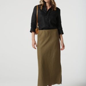 Goondiwindi Cotton - Island Linen 3/4 Sleeve Frill Shirt - Jet Black